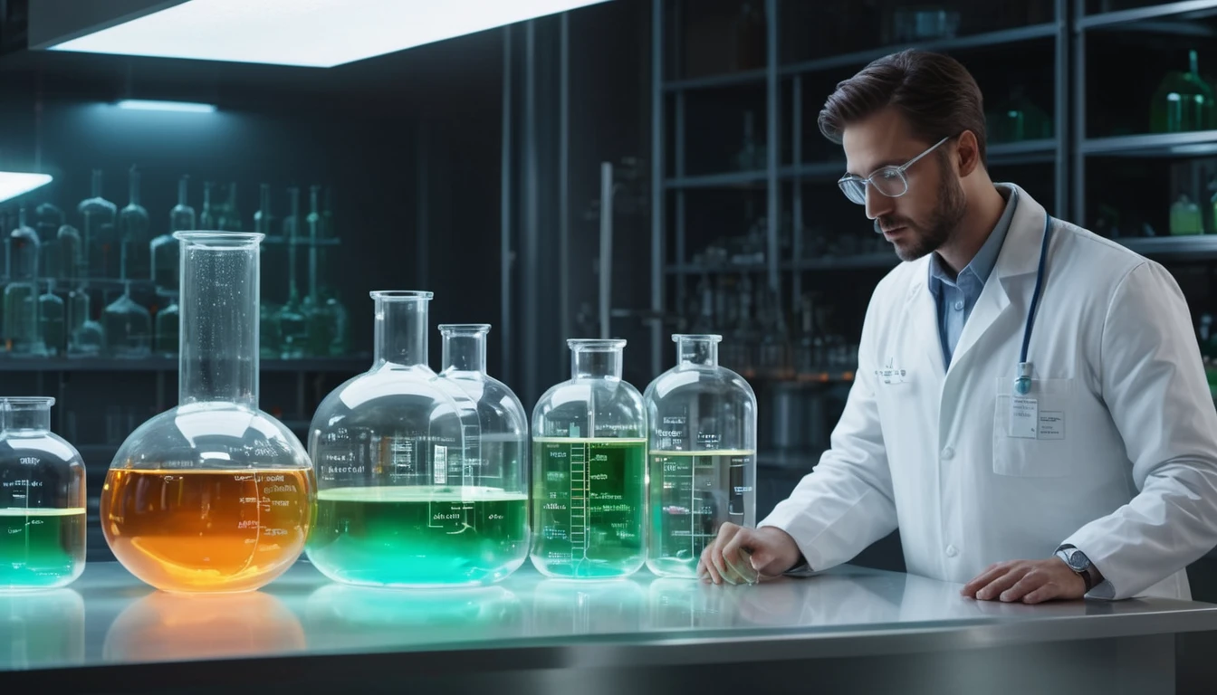 Egy laboratóriumban kémikus különböző színű folyadékokat vizsgál.