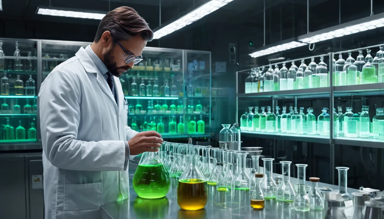 Egy laboratóriumban dolgozó tudós különböző színű folyadékokat vizsgál.