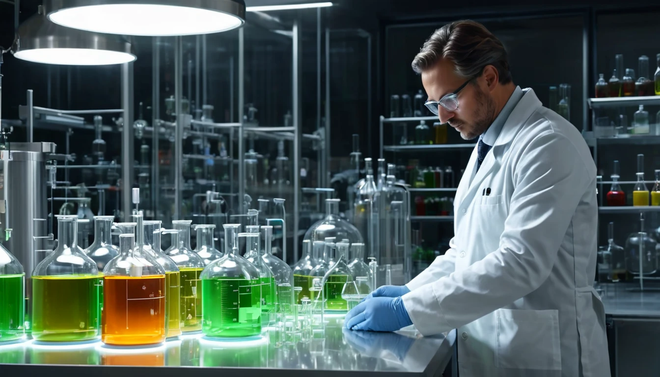 Egy laboratóriumban dolgozó tudós különböző színű folyadékokat vizsgál.