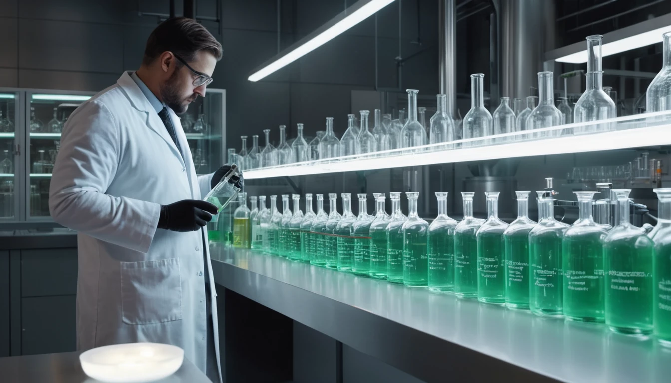 Egy laboratóriumban zöld folyadékot tartalmazó üvegek sorakoznak, miközben egy tudós vizsgálja az egyik flaskát.