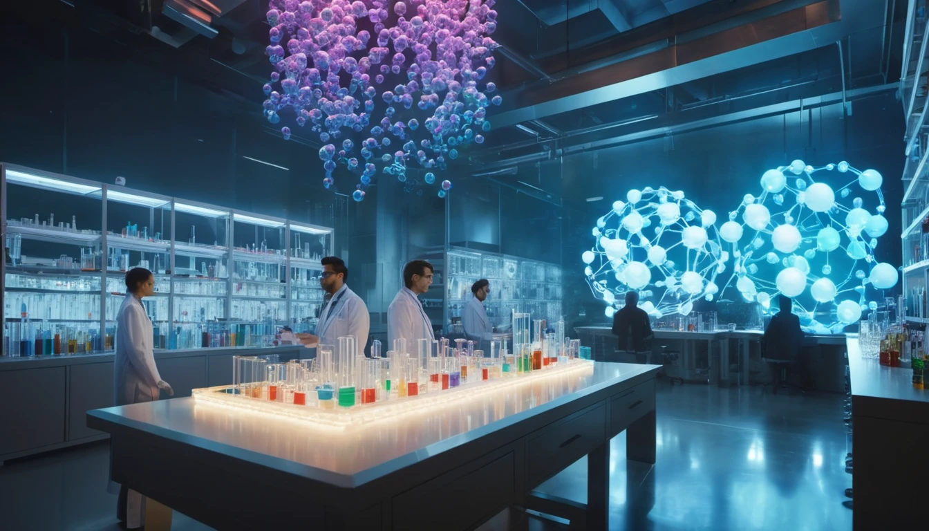 Modern laboratórium, ahol kutatók biokémiai kísérleteket végeznek színes folyadékokkal.