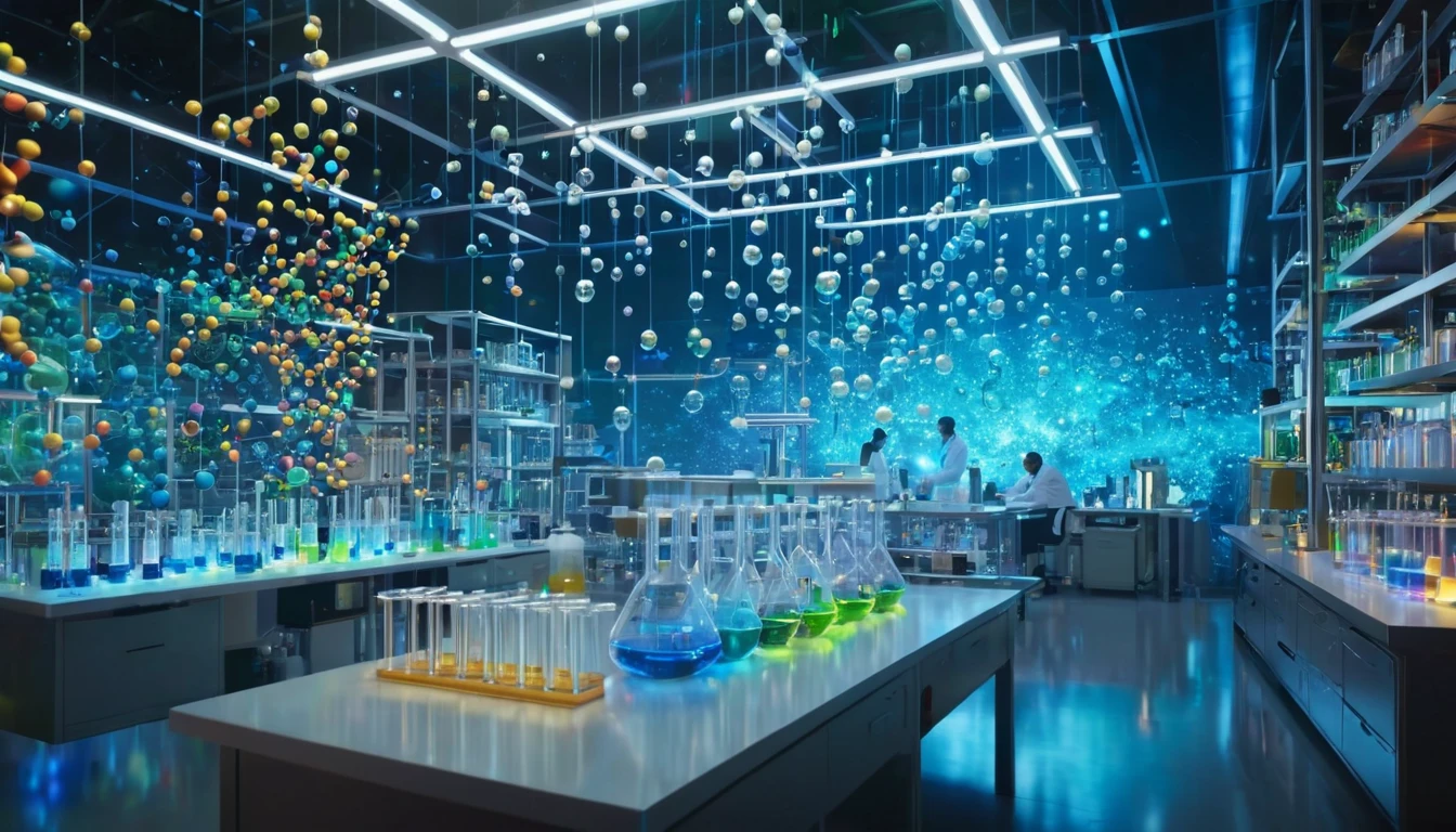 Modern laboratórium színes molekulák és kémiai eszközök között, biokémiai kutatás folyik.