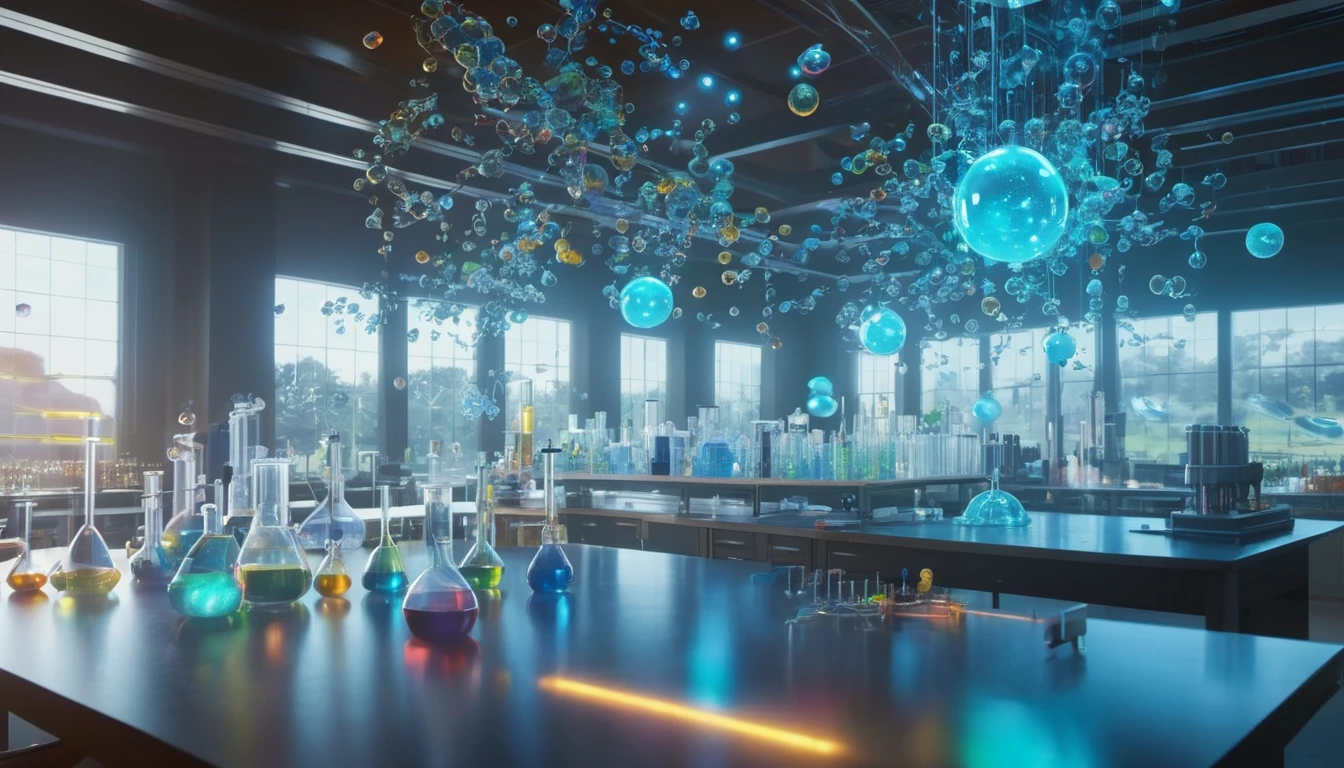 Színes kémiai üvegek és buborékok egy modern laboratóriumban.