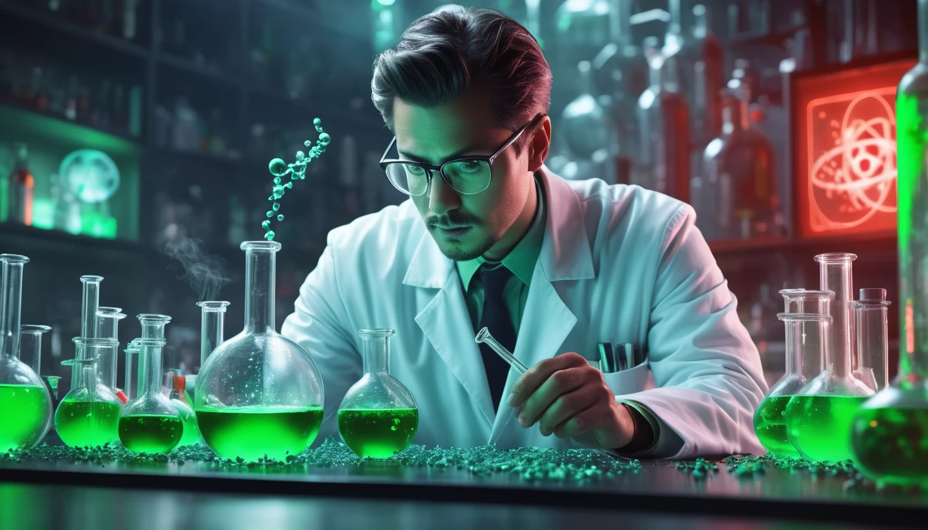 Egy kémikus zöld folyadékot vizsgál egy laboratóriumban, kémcsövek és üveg edények között.