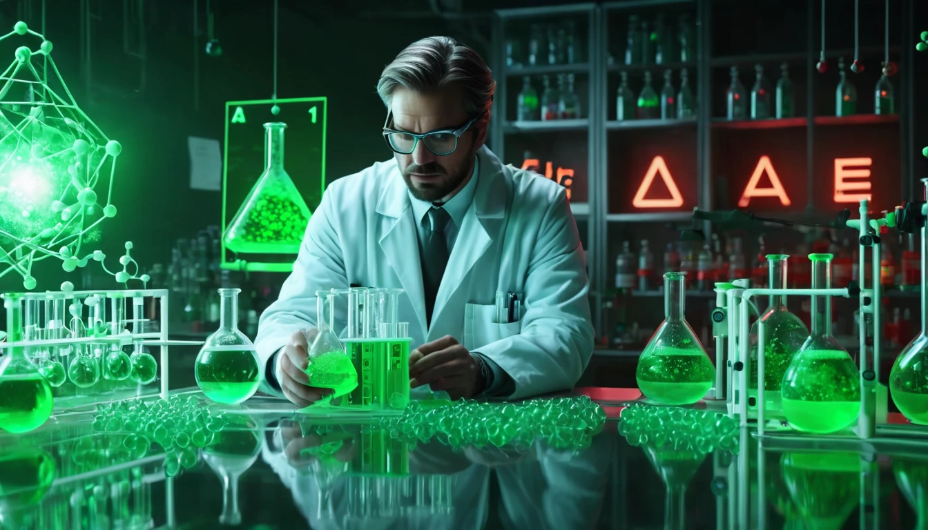 Egy laboratóriumban dolgozó tudós zöld folyadékokat mér ki kémcsövekben.