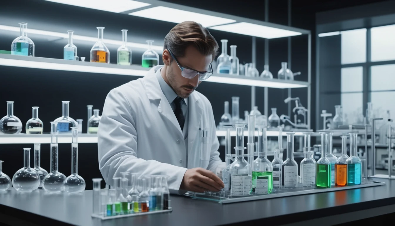 Egy laboratóriumban dolgozó tudós, különböző kémcsövekkel és oldatokkal.