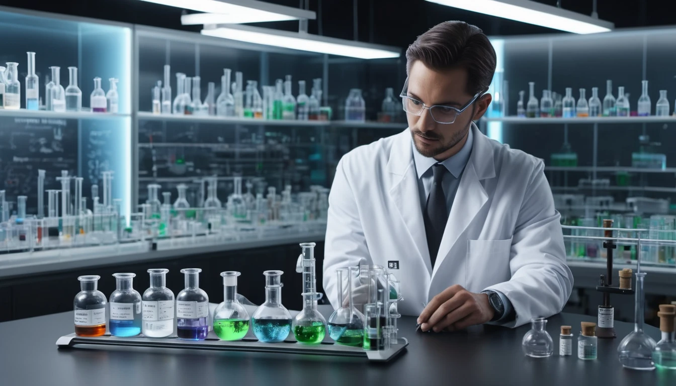 Egy laboratóriumban dolgozó tudós különböző színű folyadékokat tartalmazó kémcsövekkel foglalkozik.