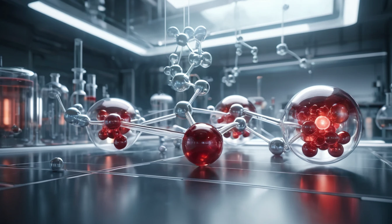 Molekulák és atomok ábrázolása laboratóriumi környezetben, kémiai reakciókhoz kapcsolódóan.