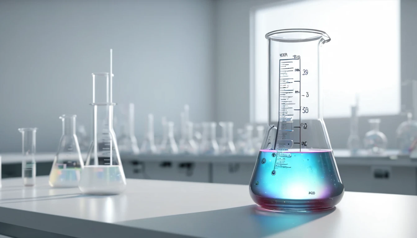 Kémiai laboratórium, különböző üvegedények, színes folyadékokkal.