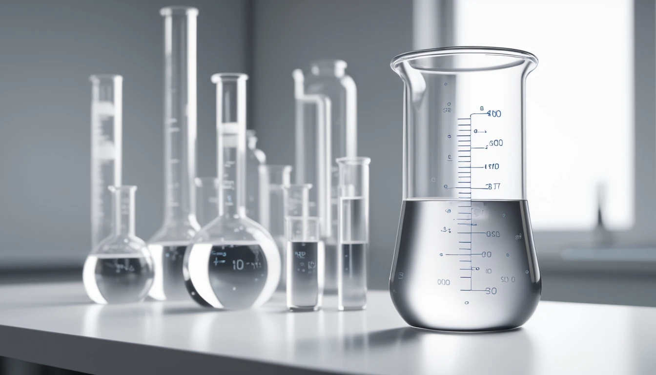 Kémiai laboratórium üvegedényei, különböző folyadékokkal, tetrahidrofurán vizsgálatához.