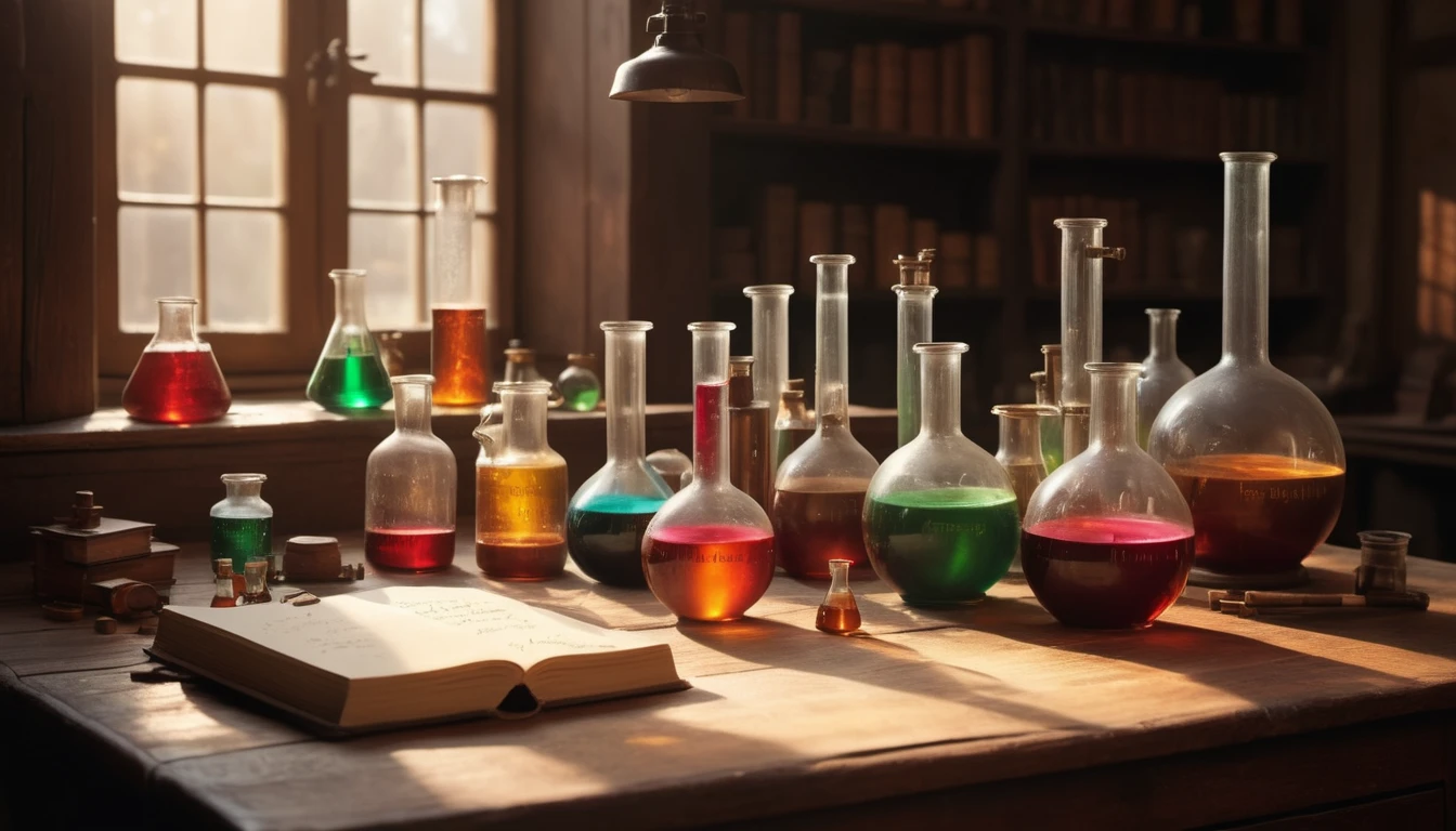 Különböző színű kémcsövek és üvegek egy laboratóriumban, könyv mellett.