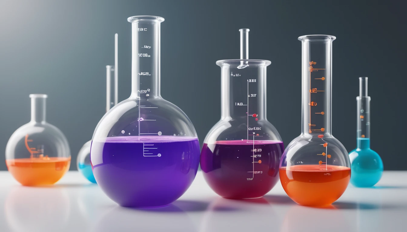 Különböző színű kémiai folyadékokkal teli üvegek laboratóriumi környezetben.