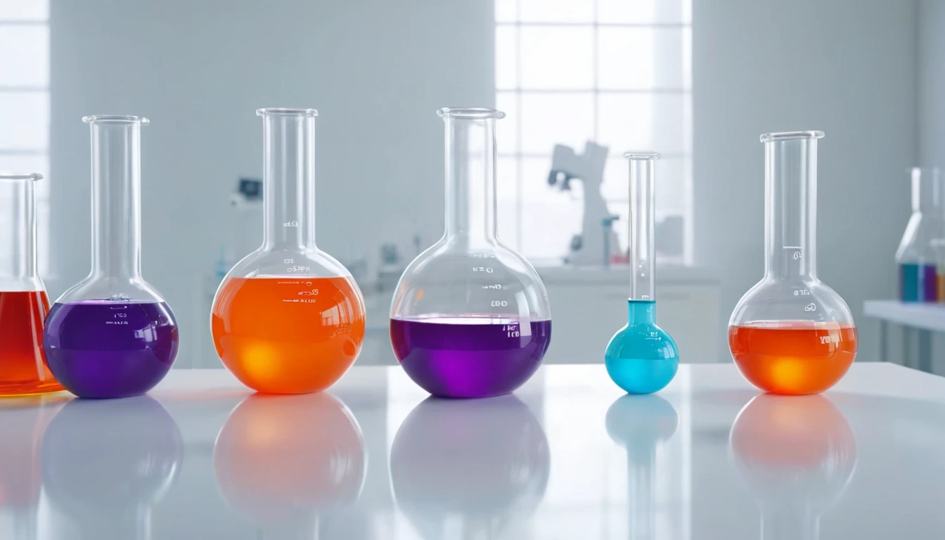 Tömeghatás törvénye Különböző színű folyadékokat tartalmazó kémcsövek egy laboratóriumban.