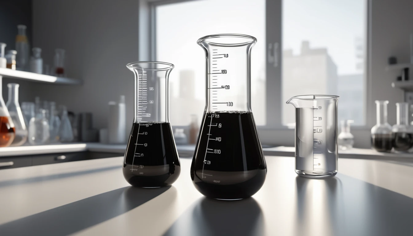 Két tömény oldatot tartalmazó kémcső és egy híg oldatot tartalmazó mérőedény laboratóriumi környezetben.