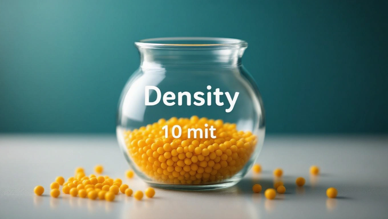 Egy üvegben sárga golyók láthatók, a sűrűség fogalmát bemutatva.