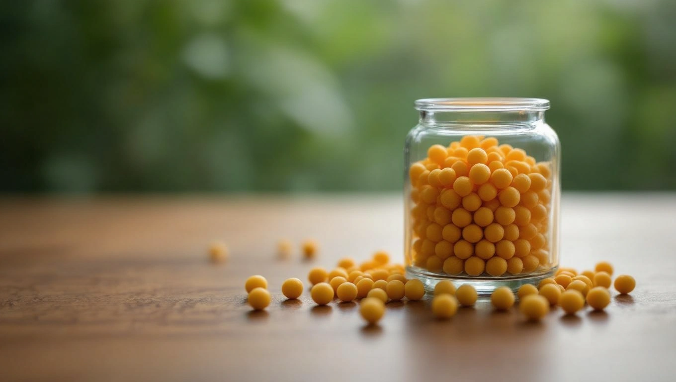 Sűrűség: fogalom magyarázata és mértékegysége Egy üvegben és körülötte sárga golyók, amelyek a sűrűség mértékegységeit szimbolizálják.