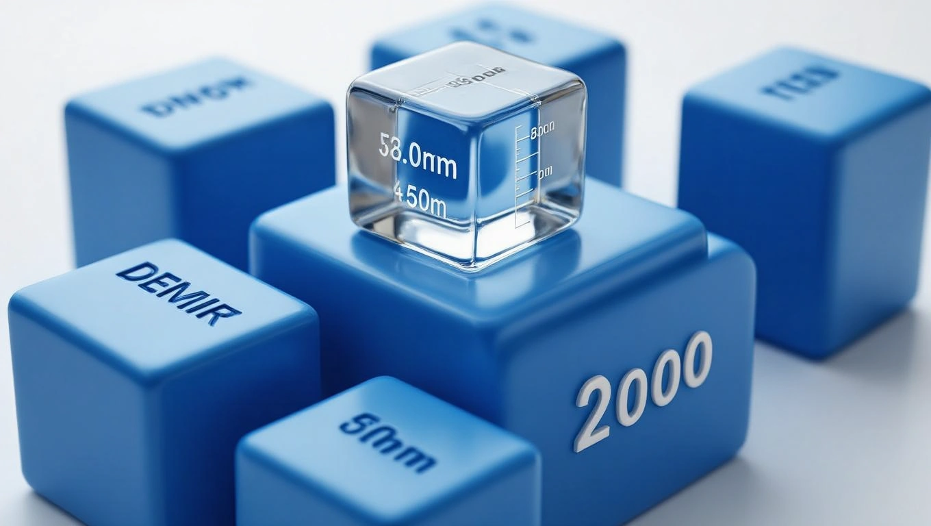 Sűrűség: fogalom magyarázata és mértékegysége Kék kockák között egy átlátszó mérőedény, sűrűség mérése céljából.