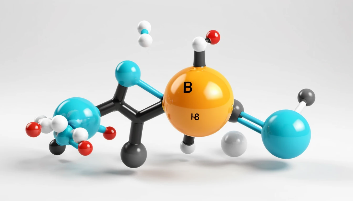 Benzil-amin képlete, tulajdonságai, felhasználása Színes molekulamodellek, amelyek különböző atomokat és kötések ábrázolnak.