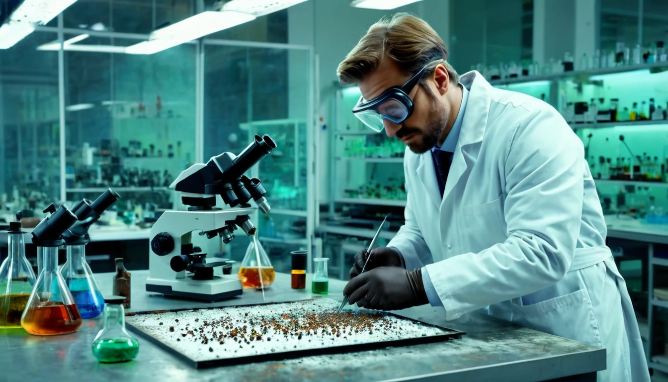 Bázisos vas-oxid (rozsda) képlete, keletkezése és típusai Egy tudós laboratóriumban dolgozik, mikroszkóp mellett rozsda mintákkal.