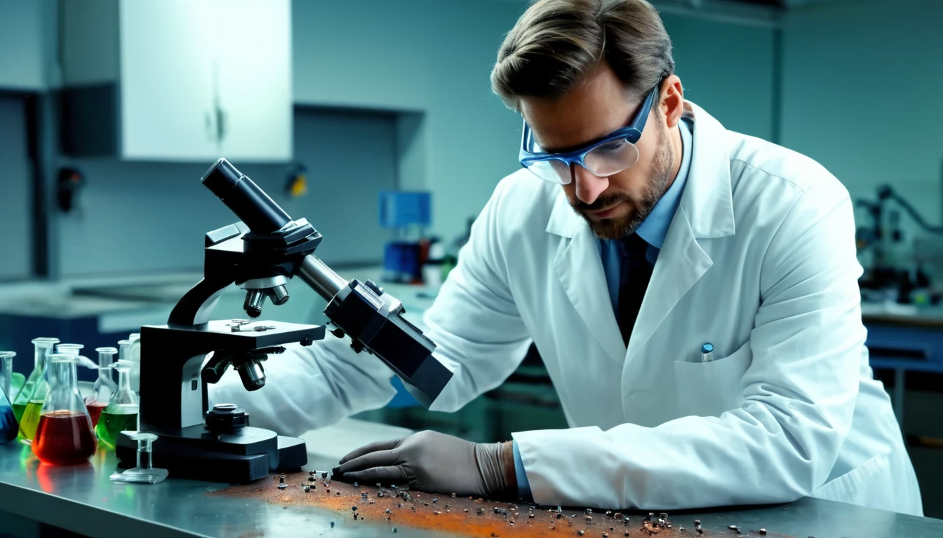 Bázisos vas-oxid (rozsda) képlete, keletkezése és típusai Egy tudós mikroszkóppal vizsgálja a rozsda mintáit laboratóriumban.