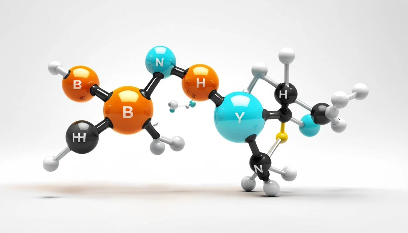 Benzil-amin képlete, tulajdonságai, felhasználása Két különböző molekula, színes atomokkal és kötések ábrázolásával.