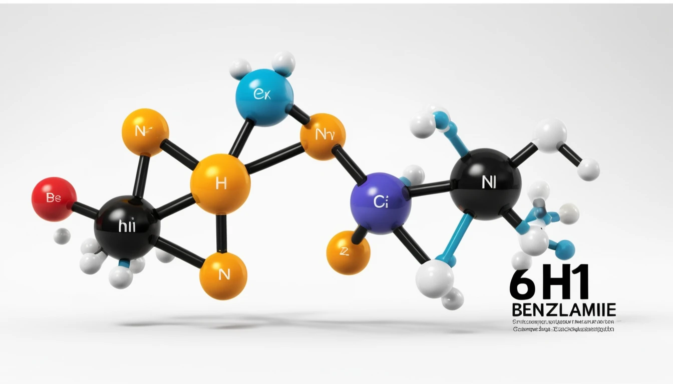 Benzil-amin képlete, tulajdonságai, felhasználása A benzil-amin molekula 3D-szerkezete, színes atommodellekből áll.