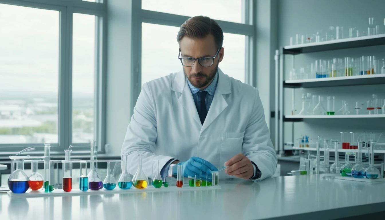 Cikloalkánok szerkezete, elnevezésük, tulajdonságaik Egy laboratóriumban dolgozó tudós, különböző színű folyadékokat tartalmazó kémcsövekkel.
