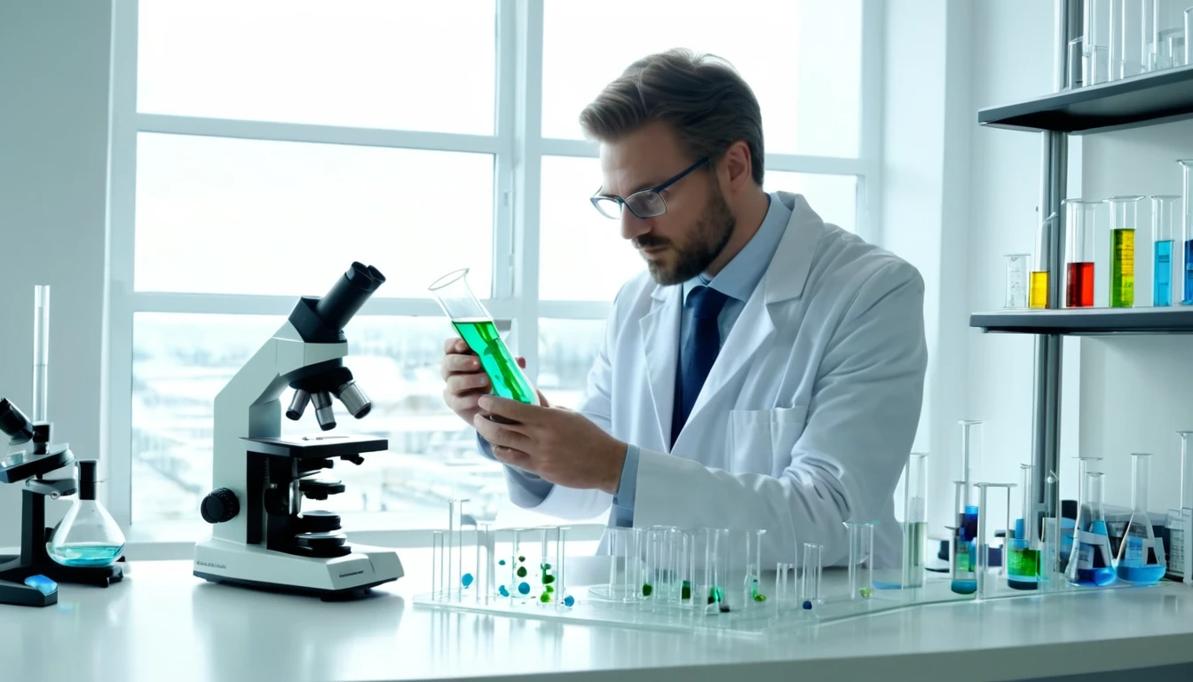 Cikloalkánok szerkezete, elnevezésük, tulajdonságaik Egy laboratóriumban dolgozó tudós, aki zöld folyadékot vizsgál egy kémcsőben.