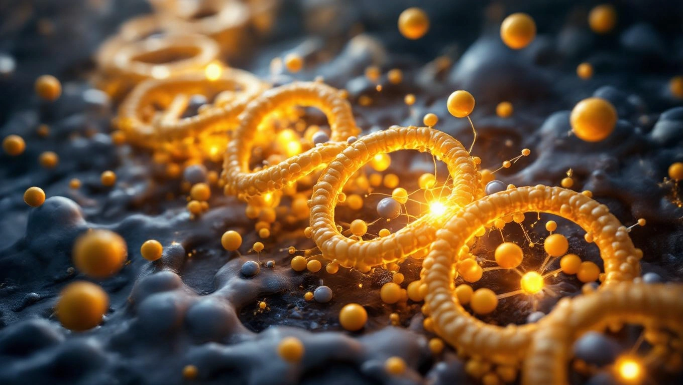 Molekulák és atomok ábrázolása, amelyek a citromsav-ciklus folyamatát szimbolizálják.