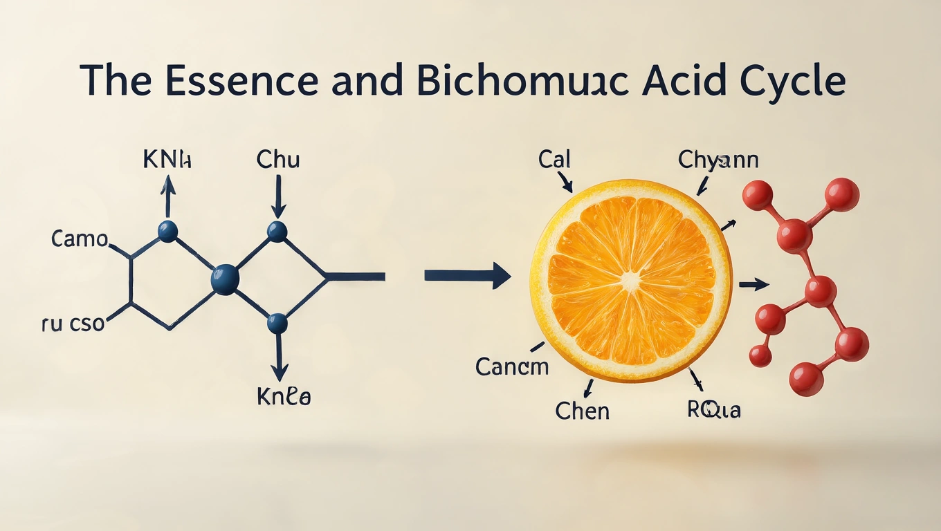 A citromsav-ciklus folyamatát bemutató grafika, molekulák és citromszelet ábrázolásával.