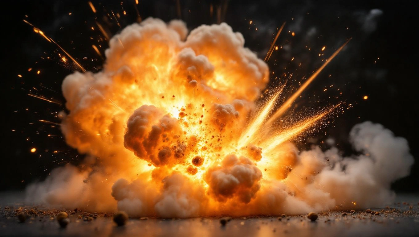 Durranógáz jelenség magyarázata és kémiai háttere Robbanás során keletkező lángok és füst, a durranógáz reakciójának vizuális megjelenítése.