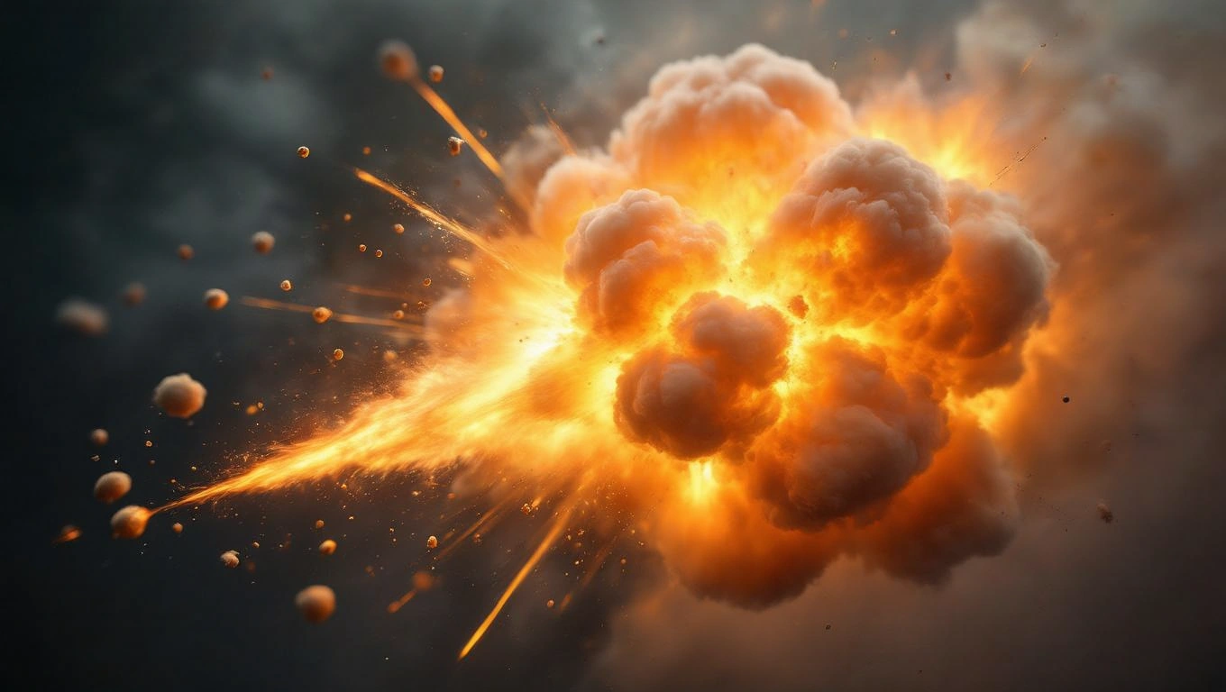 Durranógáz jelenség magyarázata és kémiai háttere Robbanás látható, tűz és füst keverékével, a durranógáz reakcióját szimbolizálva.