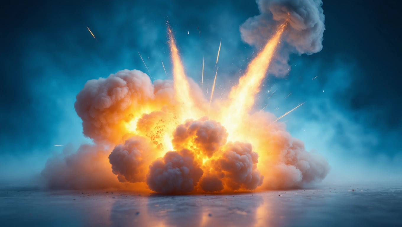 Robbanás során keletkező tűz és füst, a durranógáz reakcióját szimbolizálva.