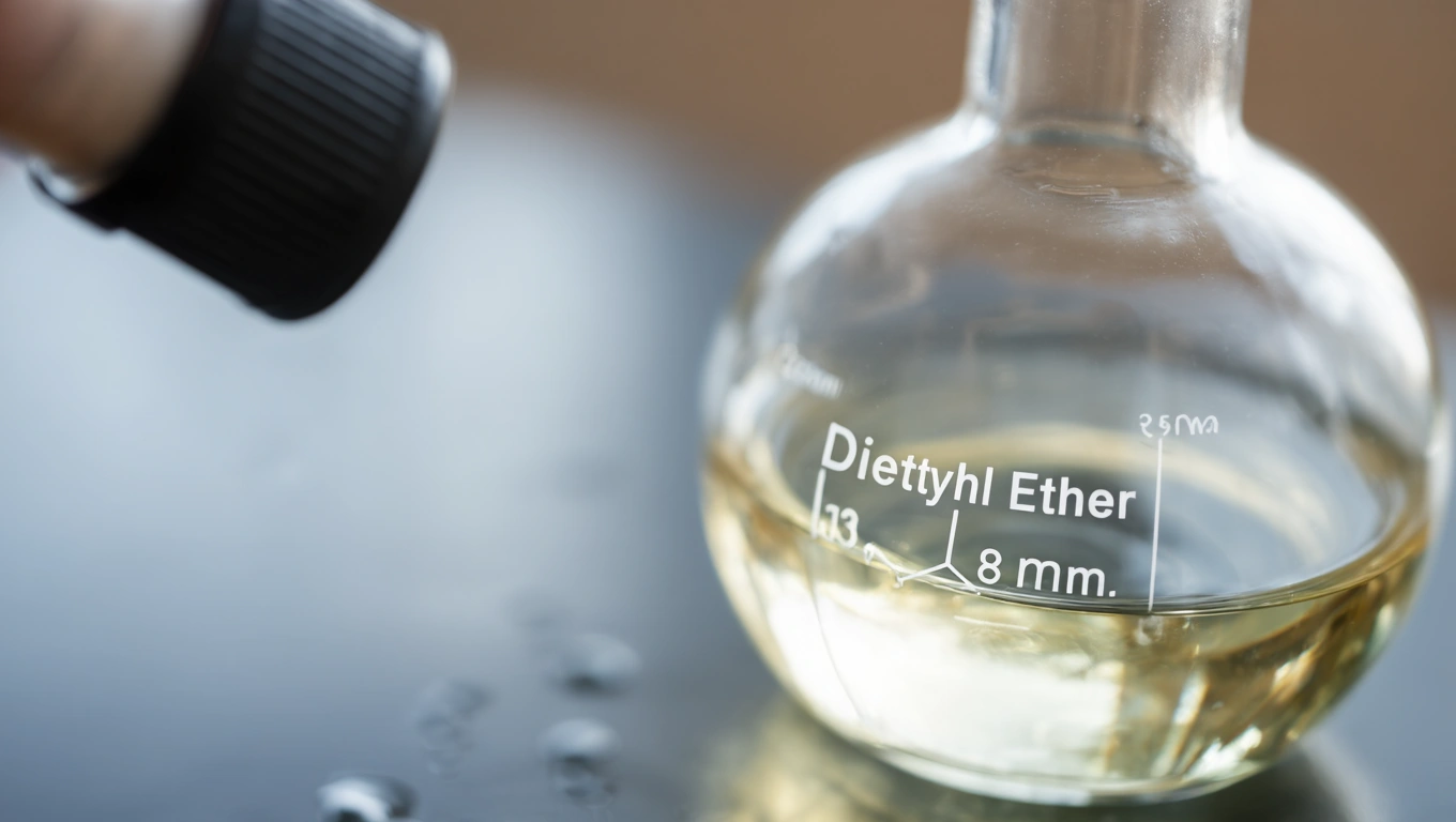 Egy üvegben lévő dietil-éter, amely világos sárgás színű folyadék.