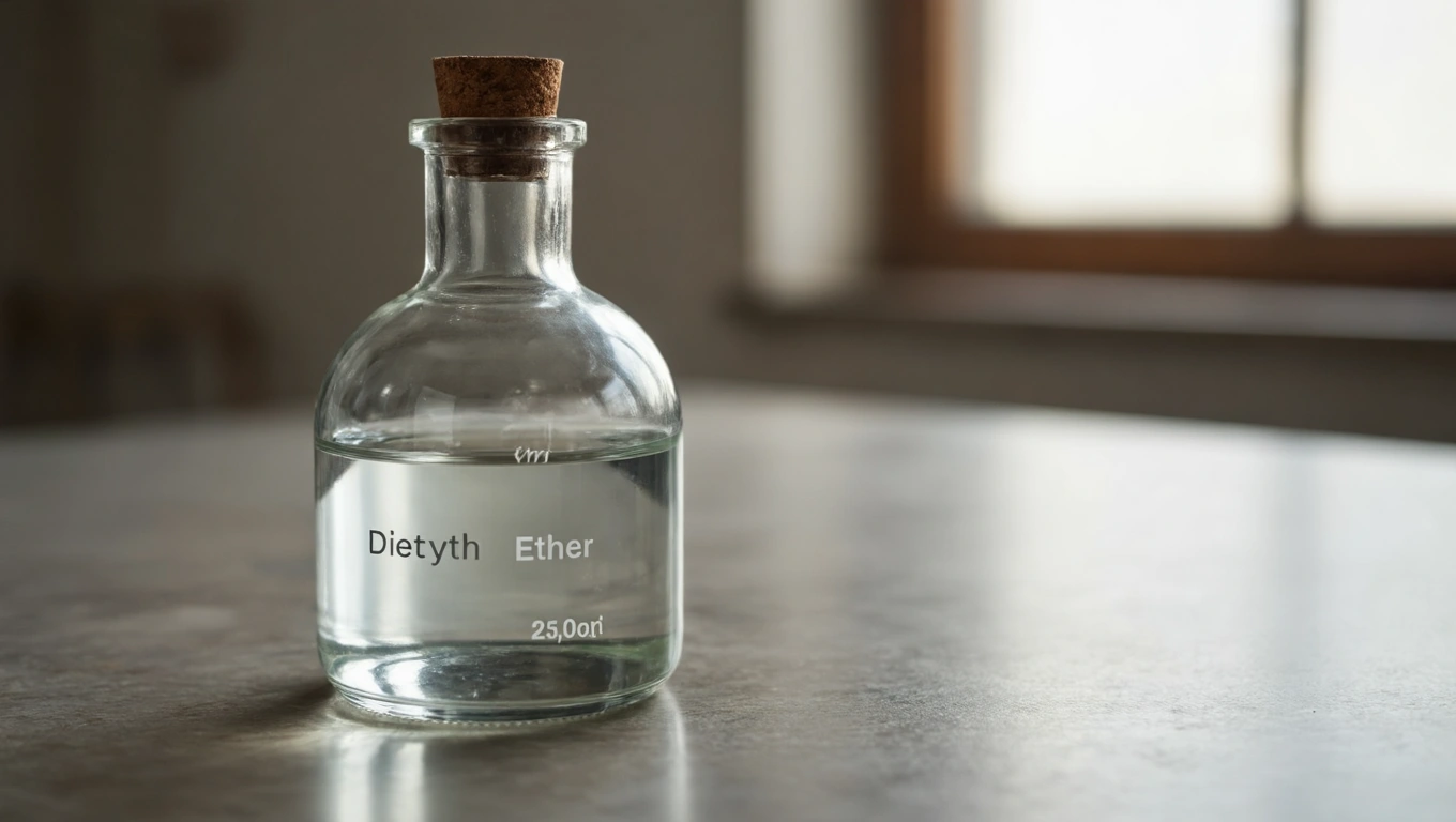 Egy üvegben dietil-éter látható, címkézve és dugóval lezárva.