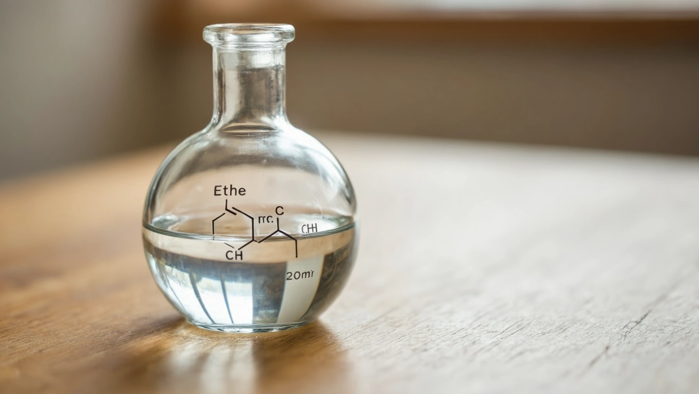 Egy üveg edényben etiléter oldat látható, kémiai képlettel jelölve.