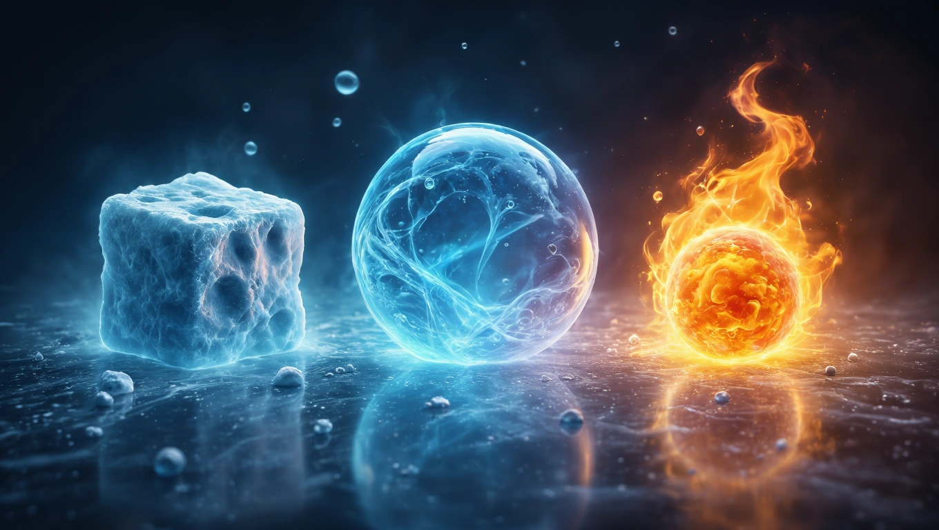 Halmazállapotok: szilárd, folyékony, gáz és plazma állapot Egy jégkocka, vízbuborék és lángoló gömb ábrázolja a halmazállapotokat.