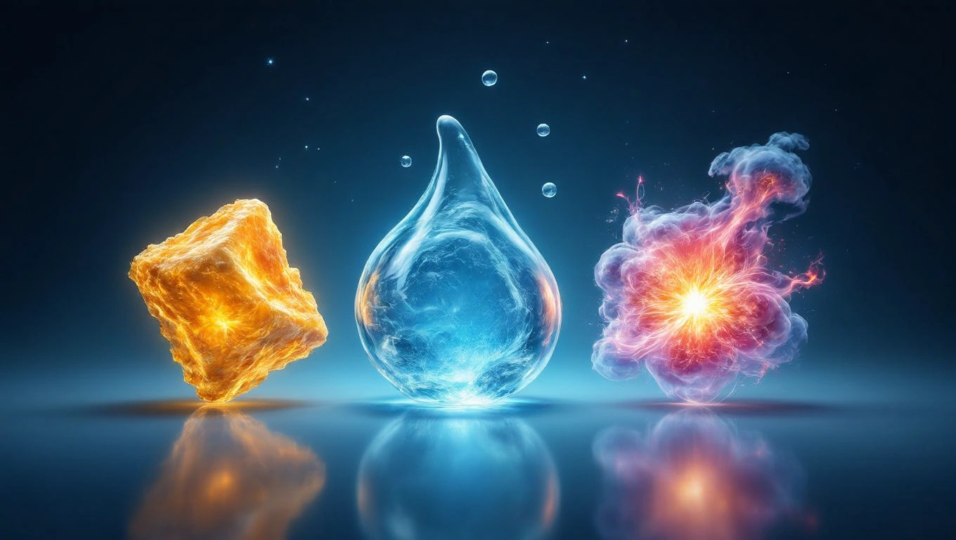 Szilárd, folyékony és gáz halmazállapotú anyagok vizuális ábrázolása.