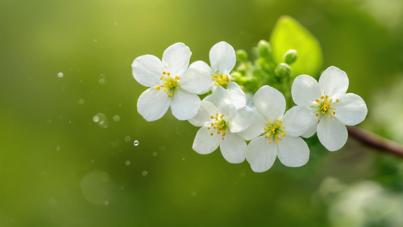 Fehér virágok csoportja zöld háttér előtt, vízcseppekkel.