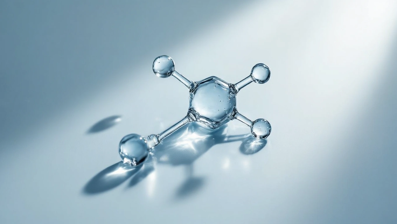 Egy hipoklórossav molekula ábrázolása, vízszerű cseppekkel.