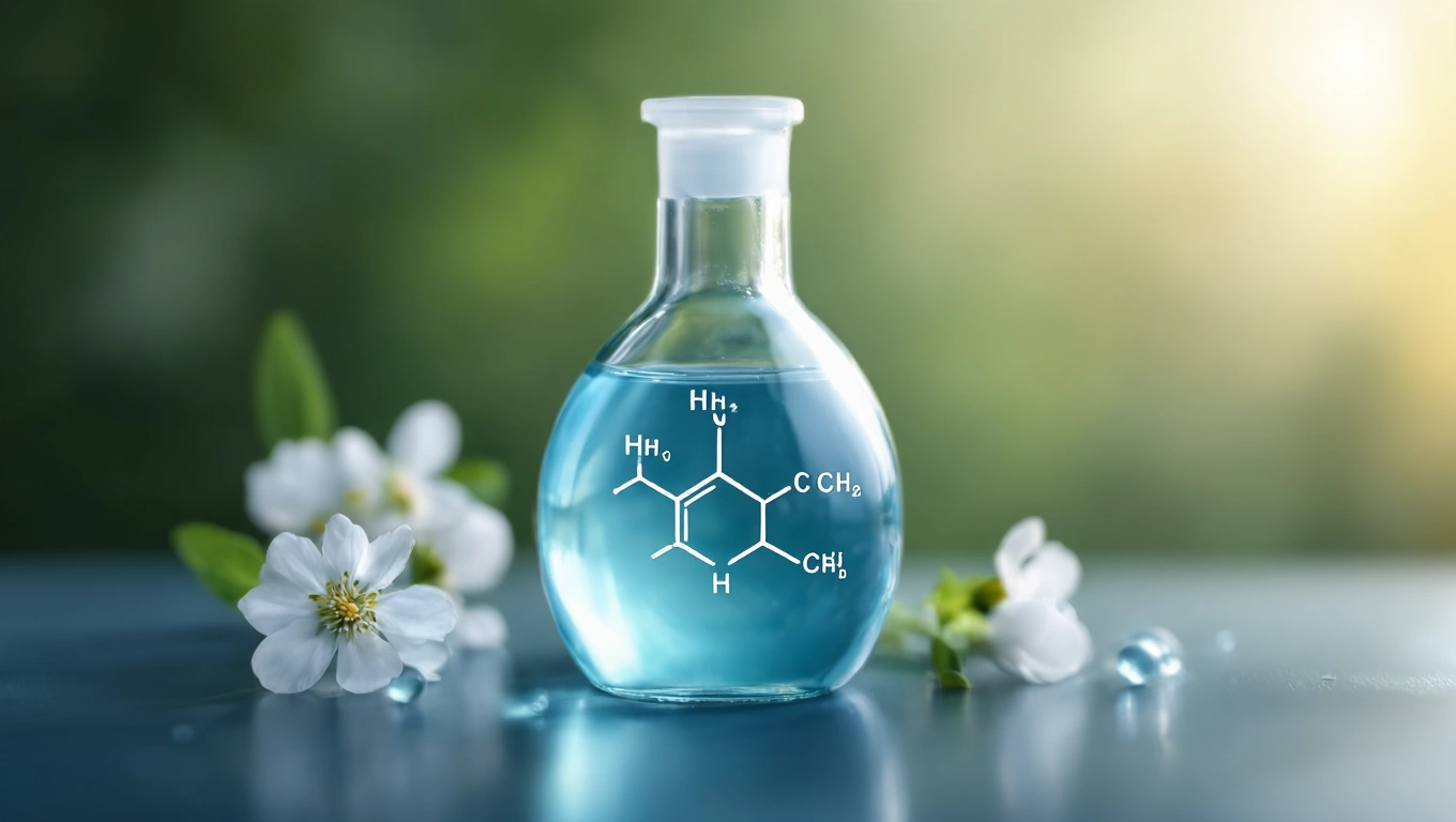 Egy kémcső hipoklórossav oldattal, fehér virágokkal díszítve.