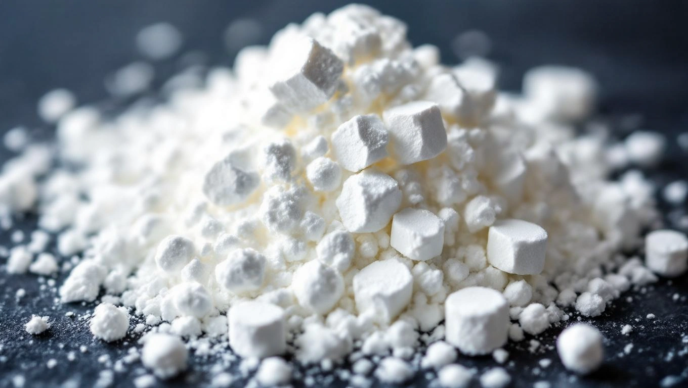 Kalcium-oxid képlete, előállítása és ipari felhasználása Fehér kalcium-oxid por, különböző méretű szemcsékkel egy sötét háttéren.