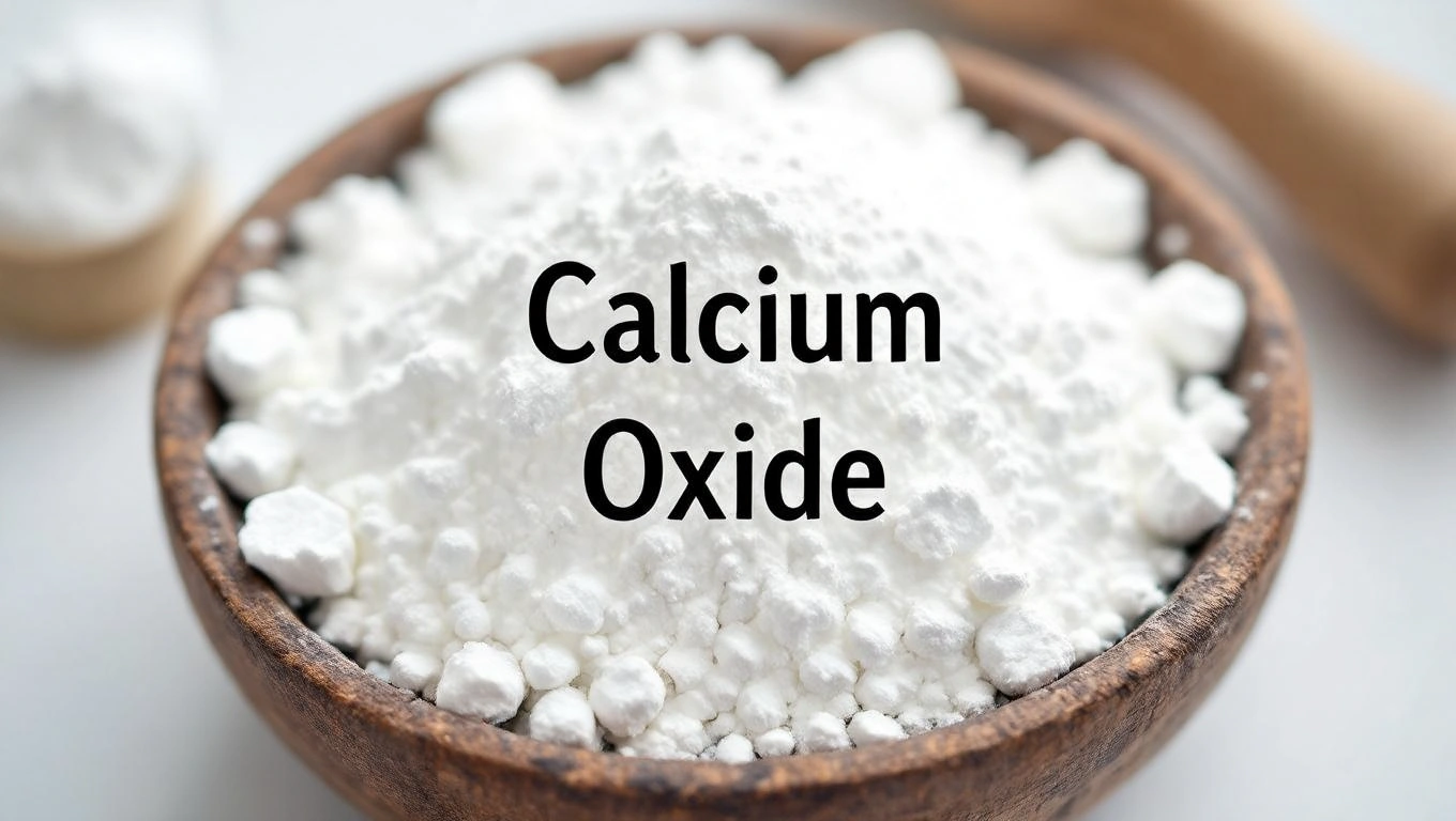 Egy tálban fehér kalcium-oxid por látható, amely az iparban széles körben használt anyag.