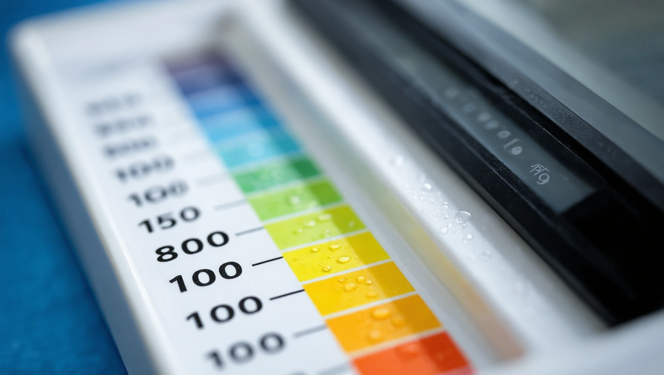 Egy víz keménységét mérő eszköz, színes skálával és cseppekkel.