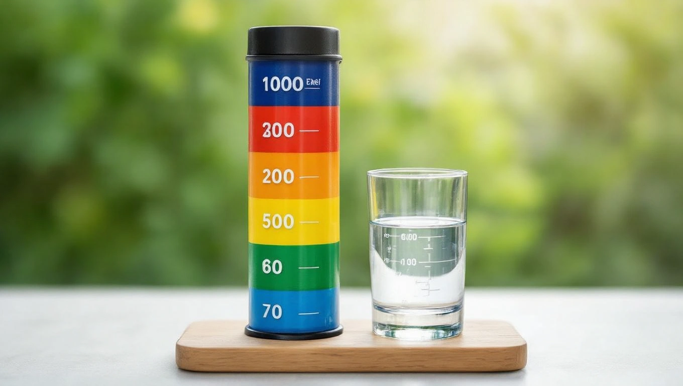 Egy vízmintát mérő henger és egy pohár víz, háttérben zöld növényekkel.