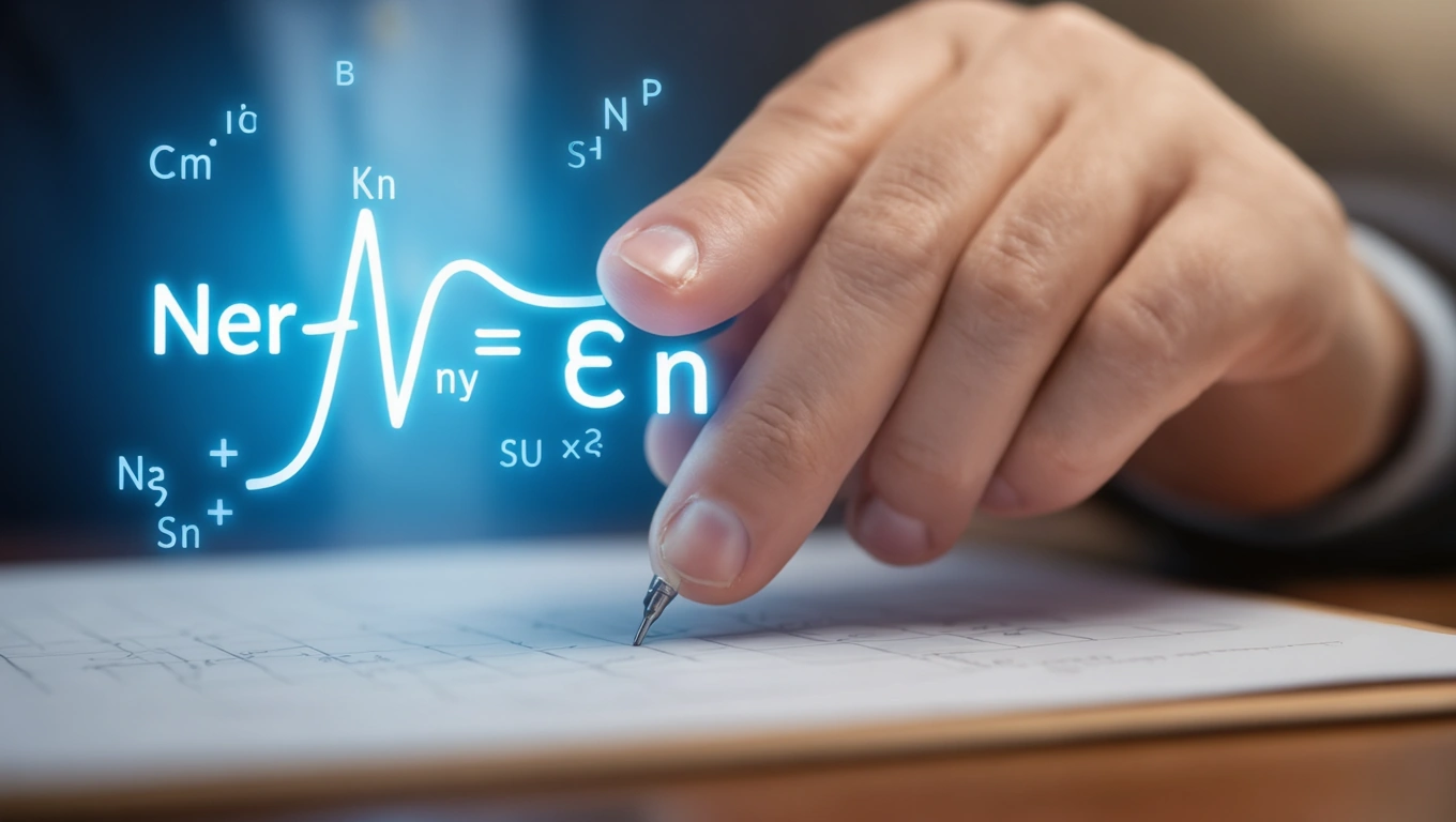 Nernst-egyenlet magyarázata és elektrokémiai alkalmazása Egy kéz egy papírlapon ír, miközben a Nernst-egyenlet látható a háttérben.