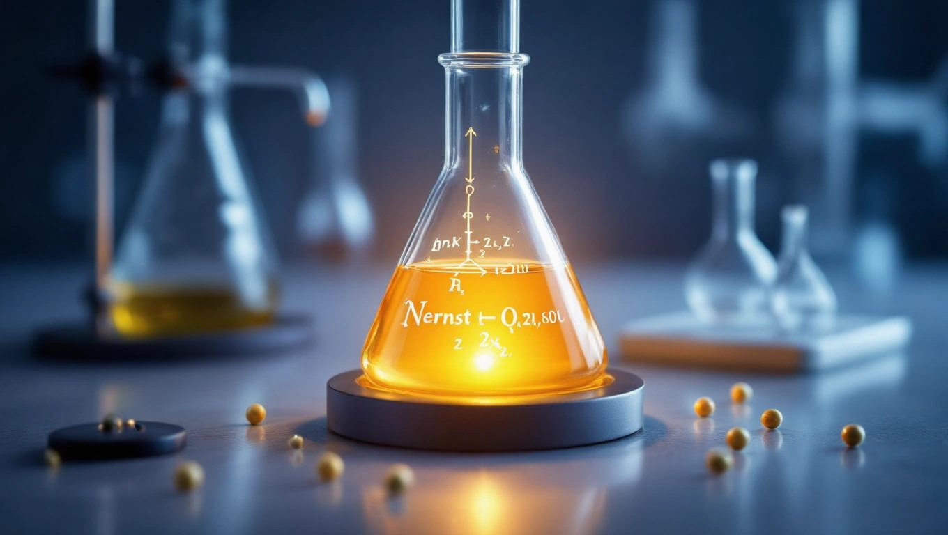 Egy laboratóriumi kémcső, benne világító folyadékkal és Nernst-egyenlettel.