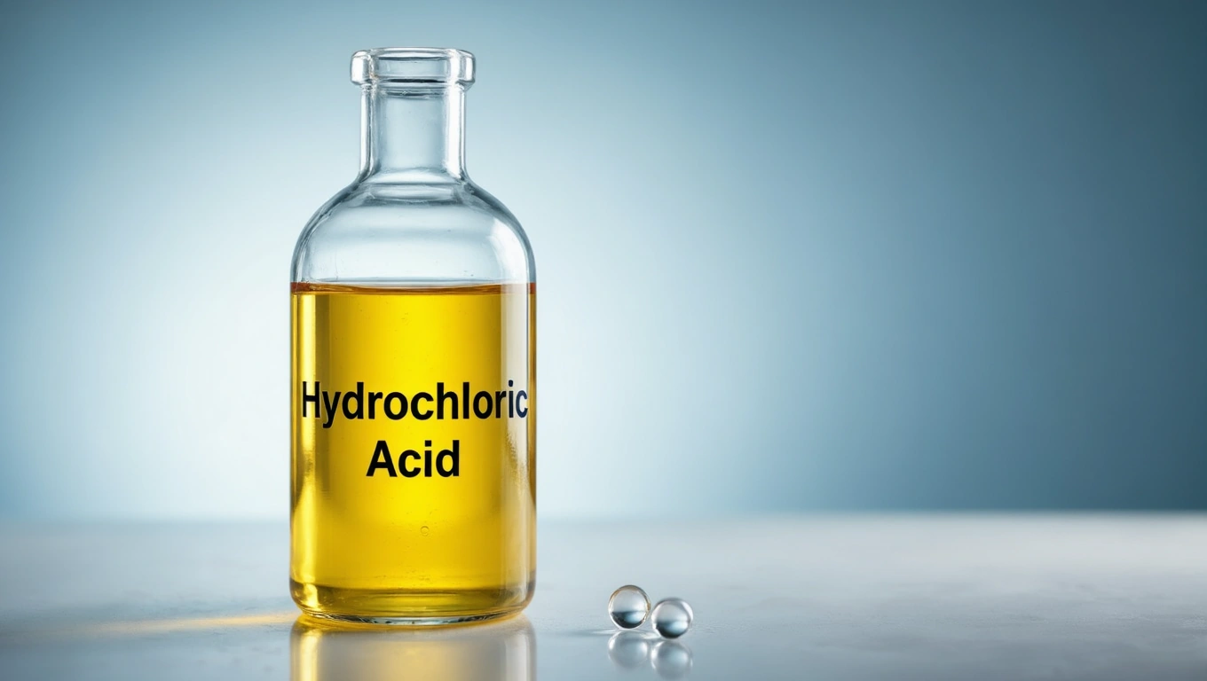 Egy üveg sósav, világos sárga folyadékkal, címkézve 'Hydrochloric Acid'.
