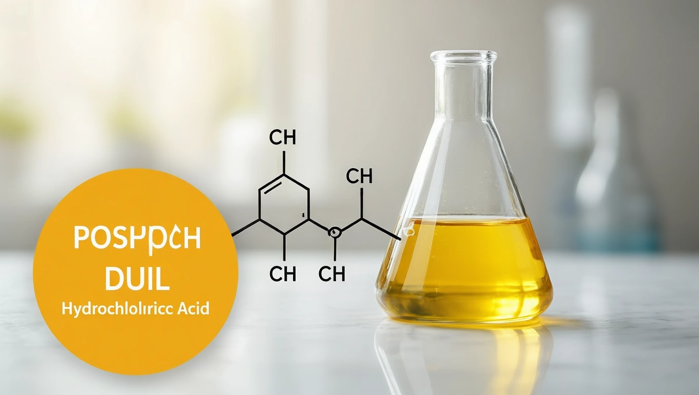 Sósav vizes oldata egy kémcsőben, kémiai képlettel a háttérben.