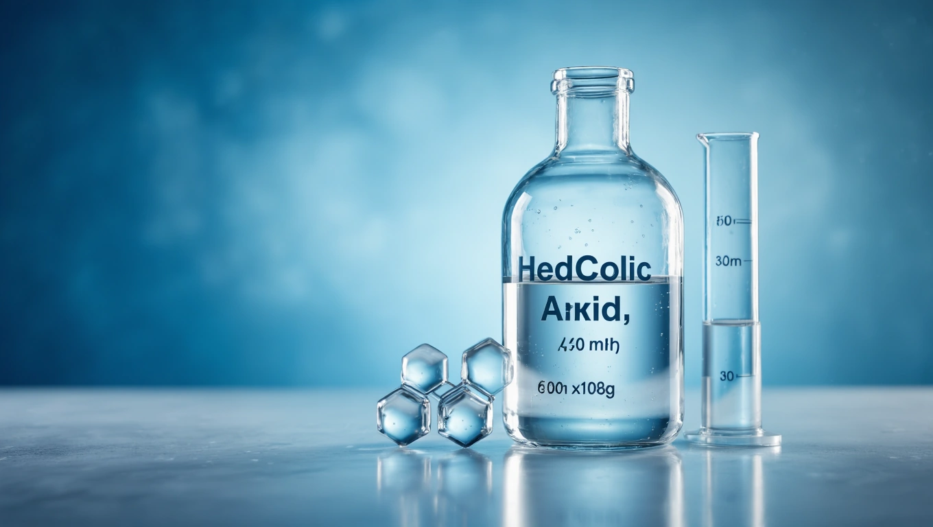 Egy üveg sósav vizes oldata és mérőhenger laboratóriumi környezetben.